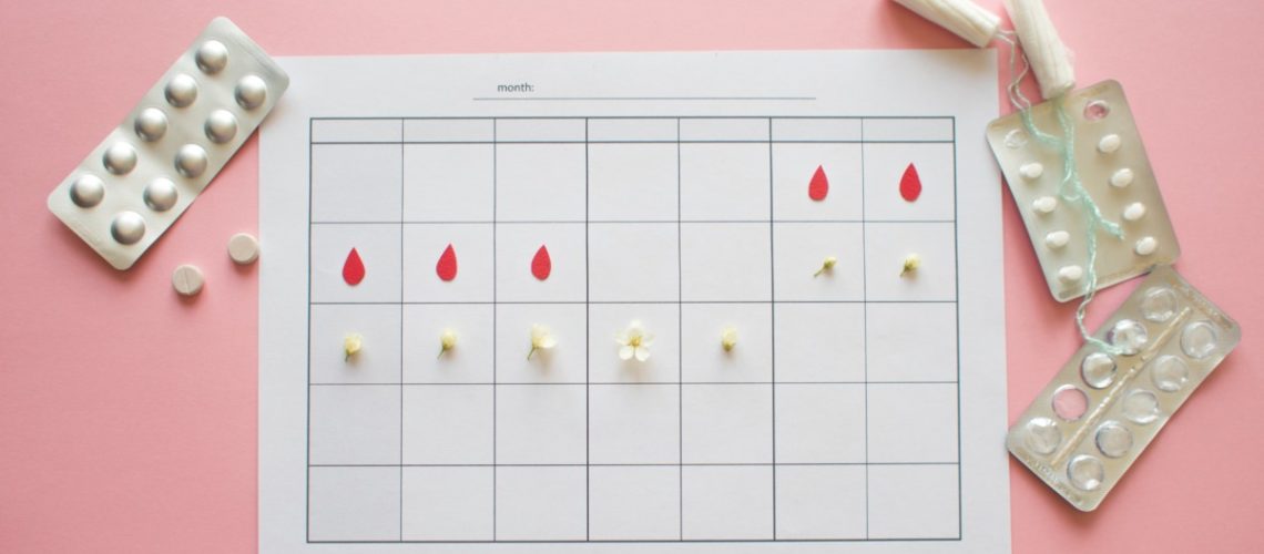 period tracker, oral contraceptive pill, tampons and pink background